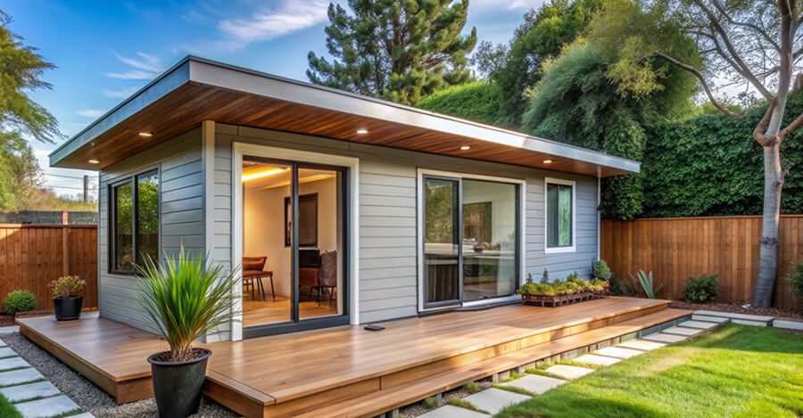 Single-story backyard ADU with a wood deck and sliding glass doors